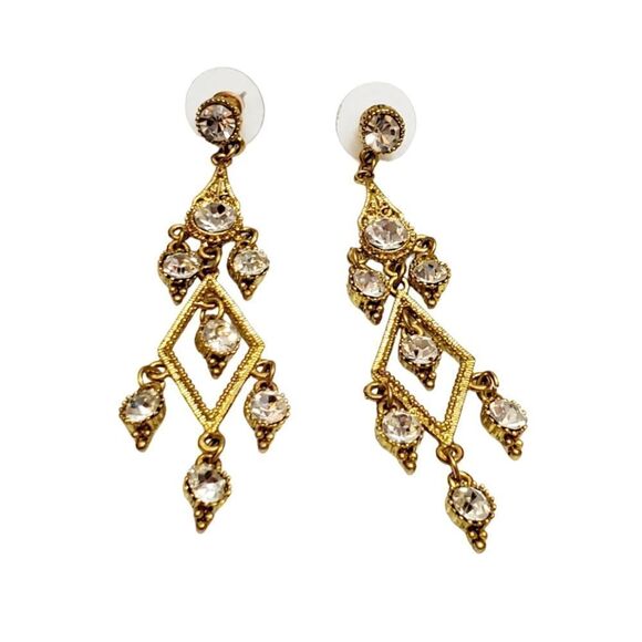 Dangle Chandelier Gold Tone Clear Crystal 3" Statement Earrings Bridal Jewelry - Picture 4 of 4